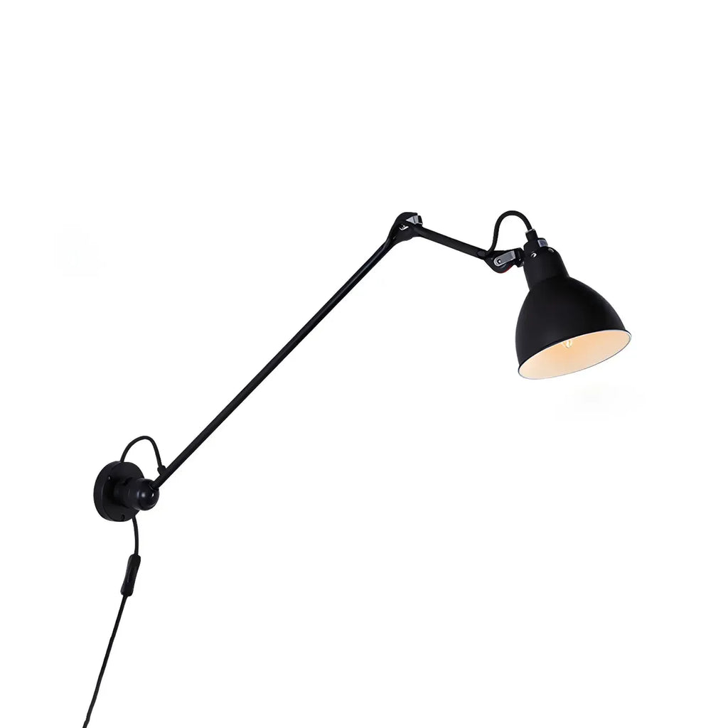 Applique murale à bras articulé en métal noir avec abat-jour intérieur blanc