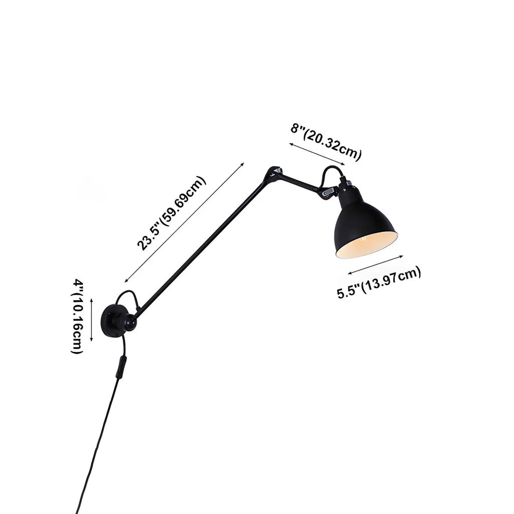 Applique murale à bras articulé en métal noir avec abat-jour intérieur blanc