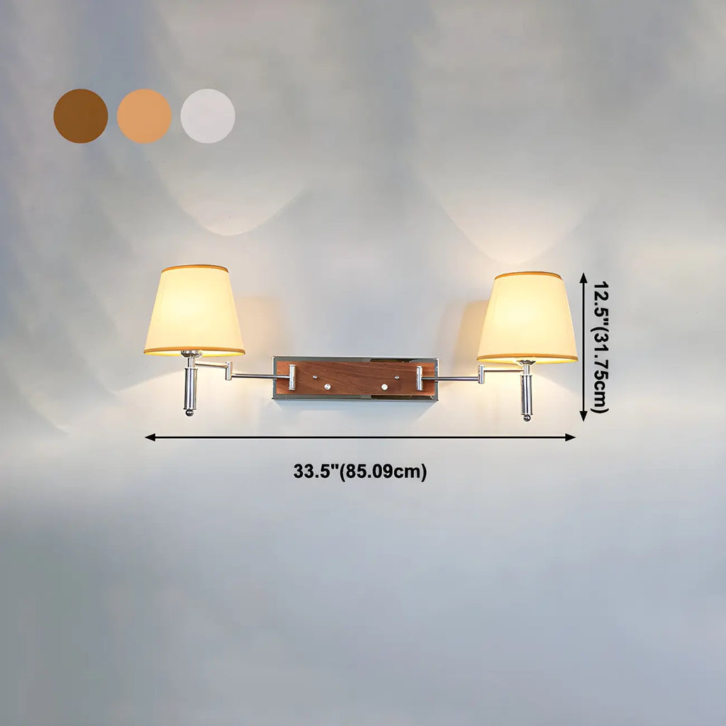 Lampada da parete a 2 luci con braccio girevole color argento e paralume in tessuto