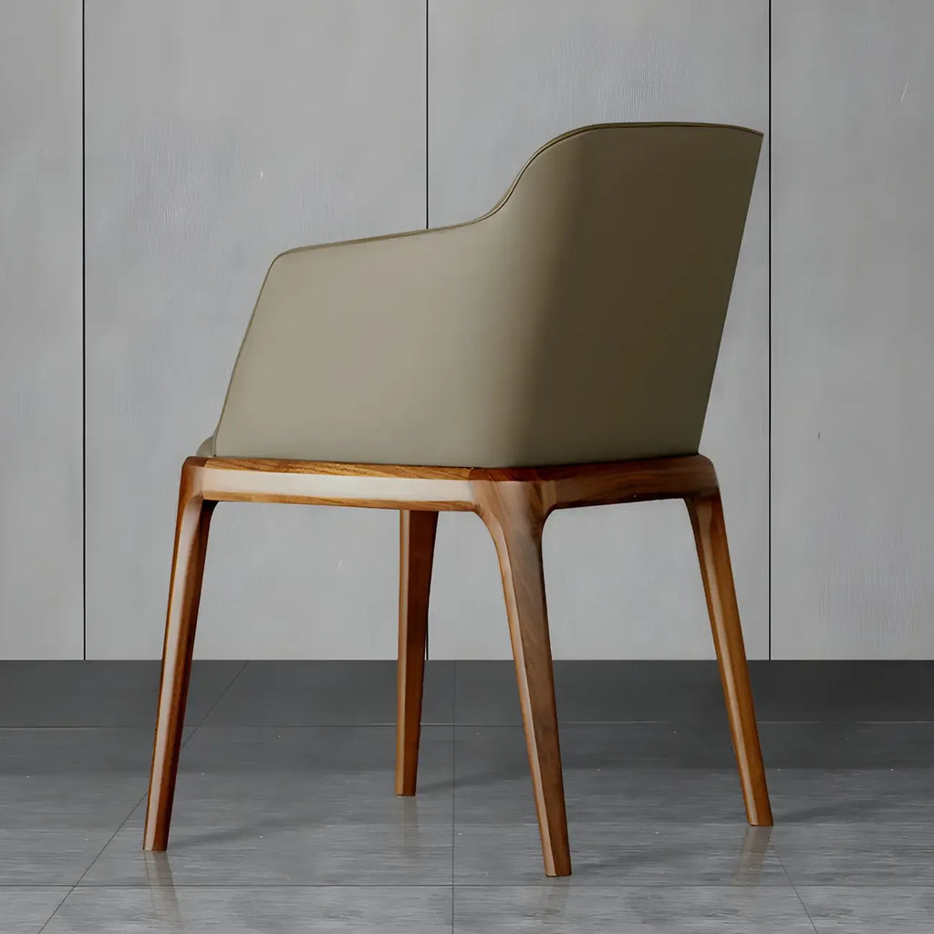 Chaise de salle à manger avec accoudoirs, pieds en bois et cuir kaki
