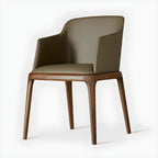 Chaise de salle à manger avec accoudoirs, pieds en bois et cuir kaki