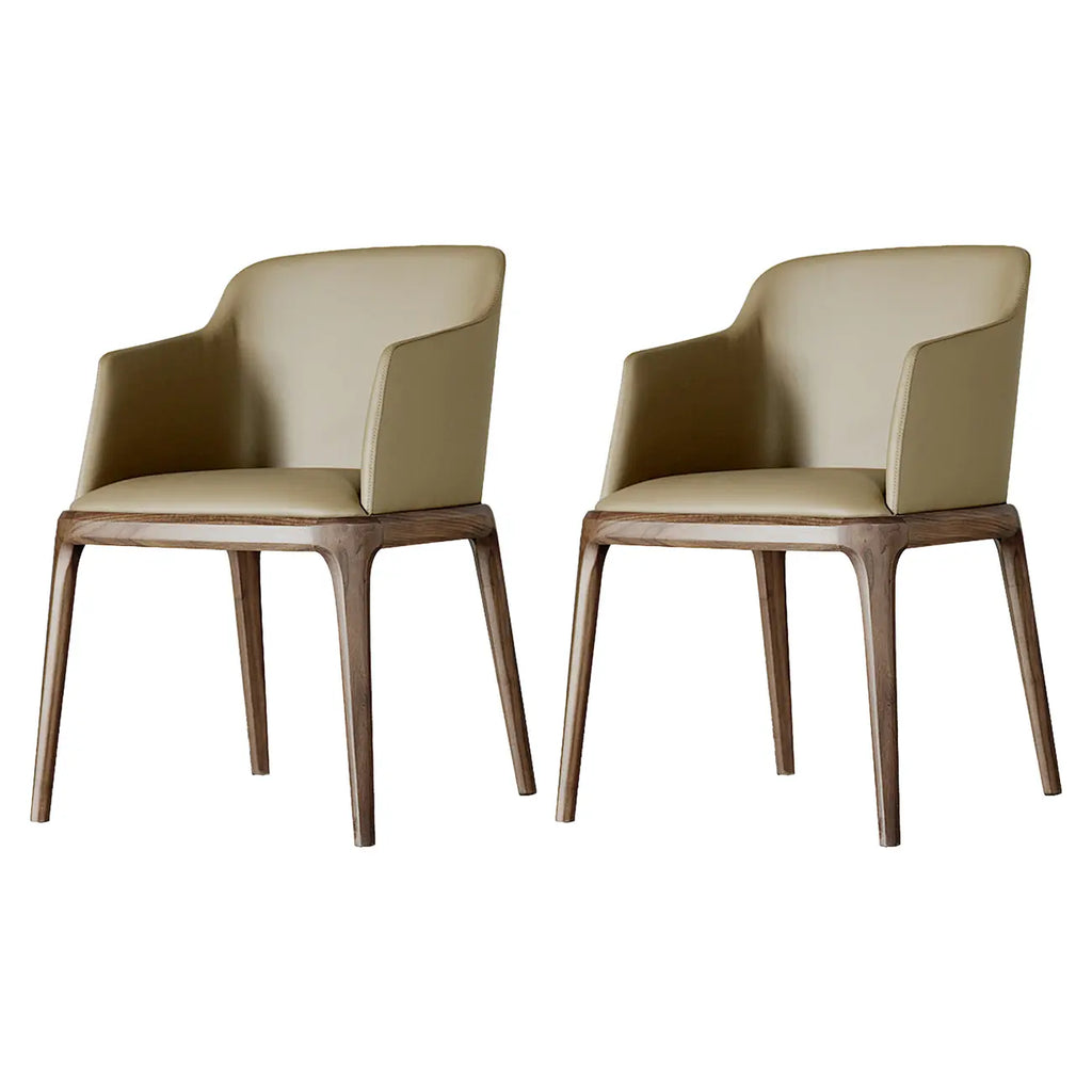 Chaise de salle à manger avec accoudoirs, pieds en bois et cuir kaki