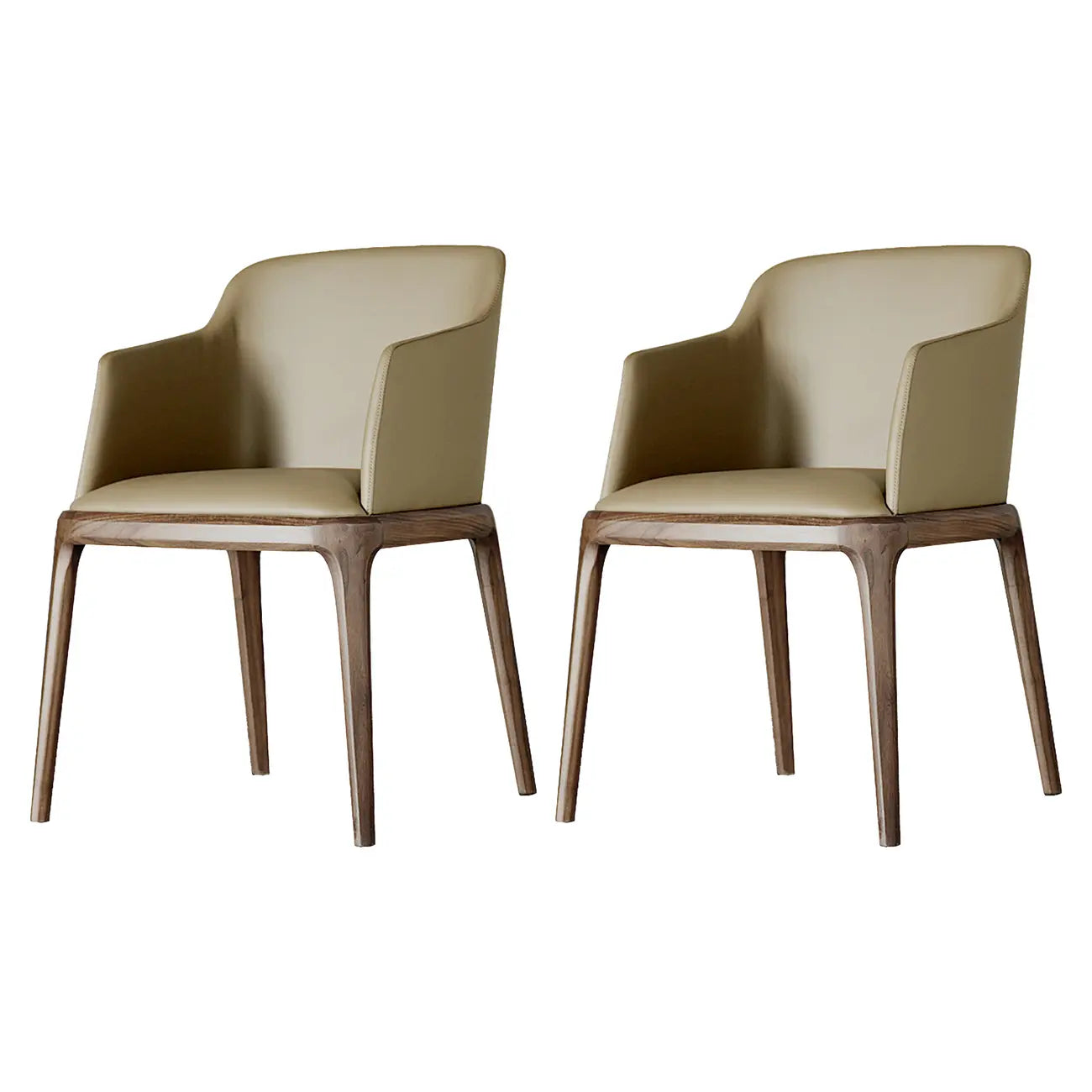 Chaise de salle à manger avec accoudoirs, pieds en bois et cuir kaki