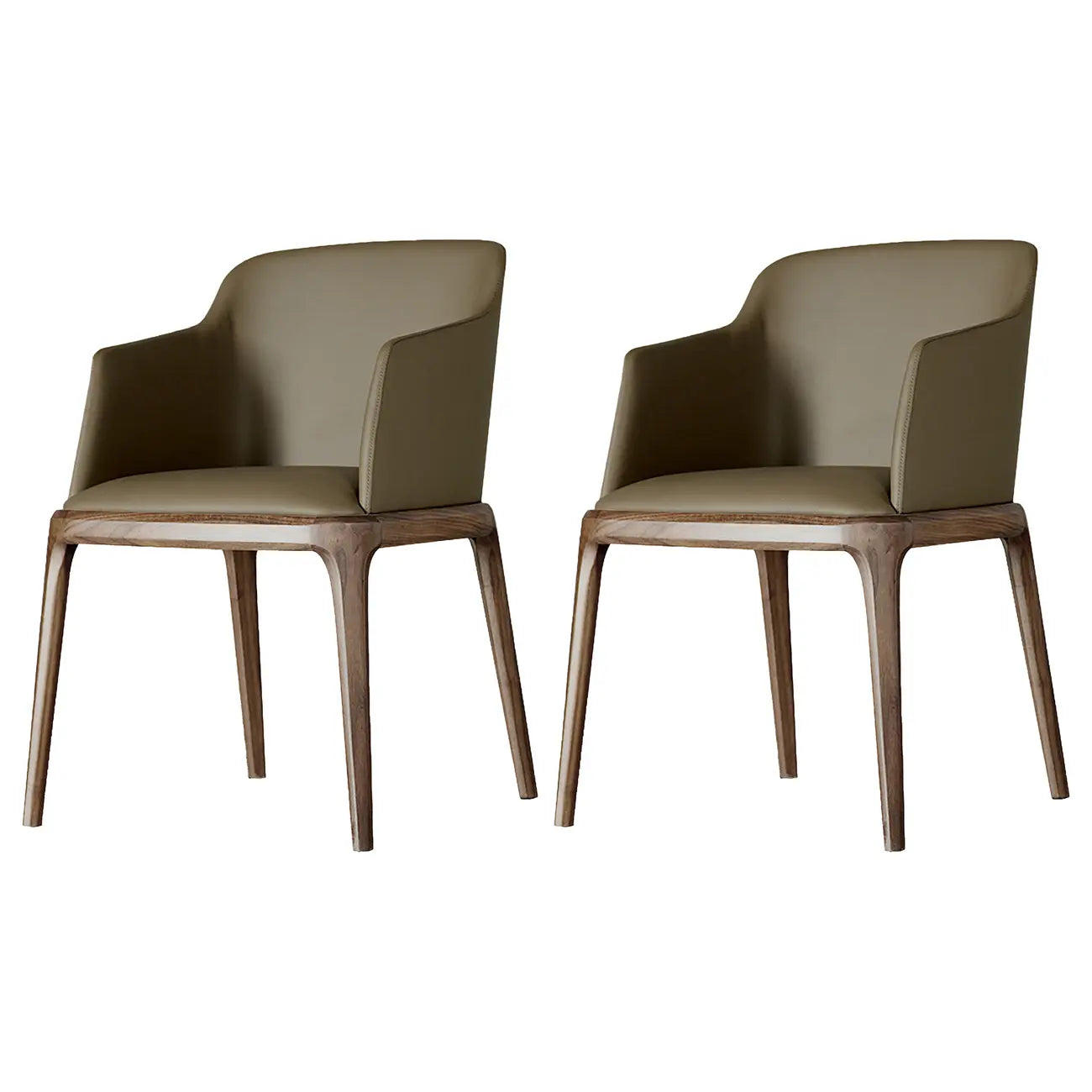 Chaise de salle à manger avec accoudoirs, pieds en bois et cuir kaki