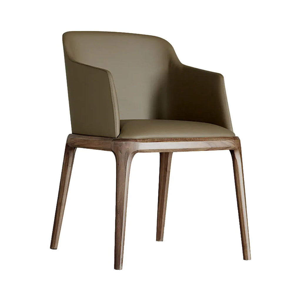 Chaise de salle à manger avec accoudoirs, pieds en bois et cuir kaki