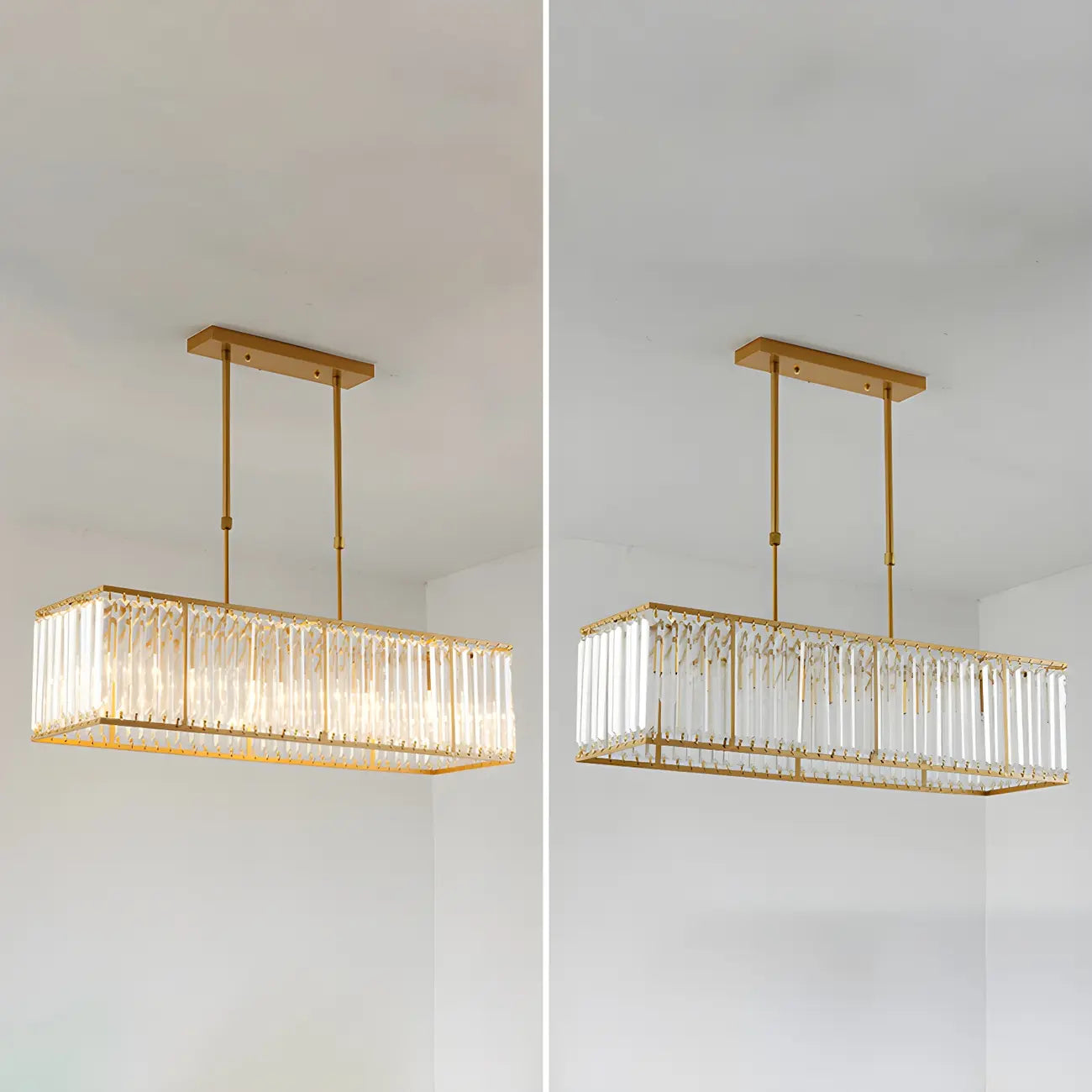 Suspension rectangulaire de luxe en cristal doré pour îlot de lumière