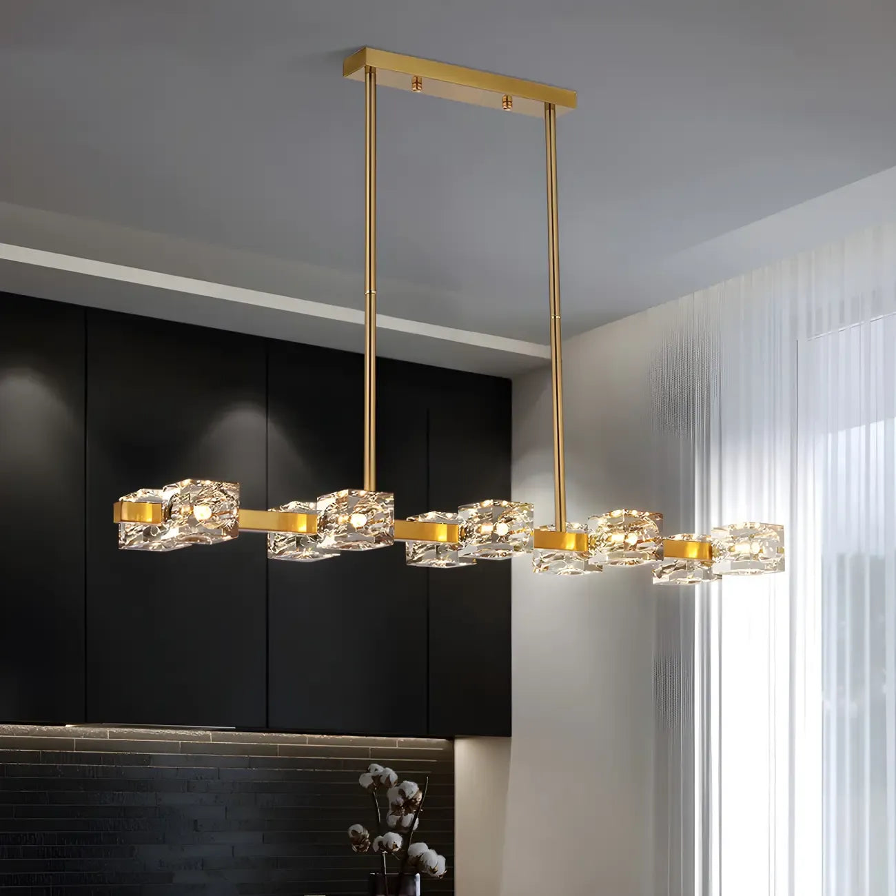Lampadario da isola rettangolare in cristallo regolabile oro/nero