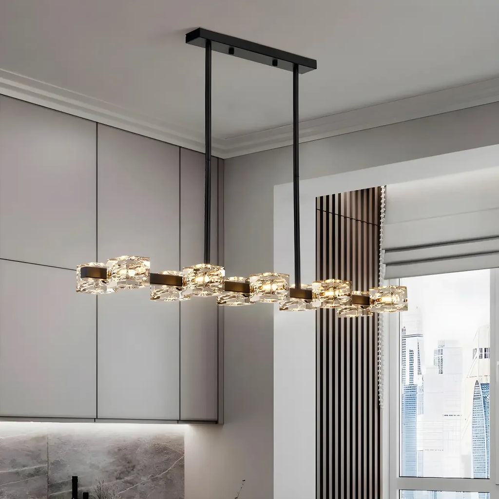 Lampadario da isola rettangolare in cristallo regolabile oro/nero