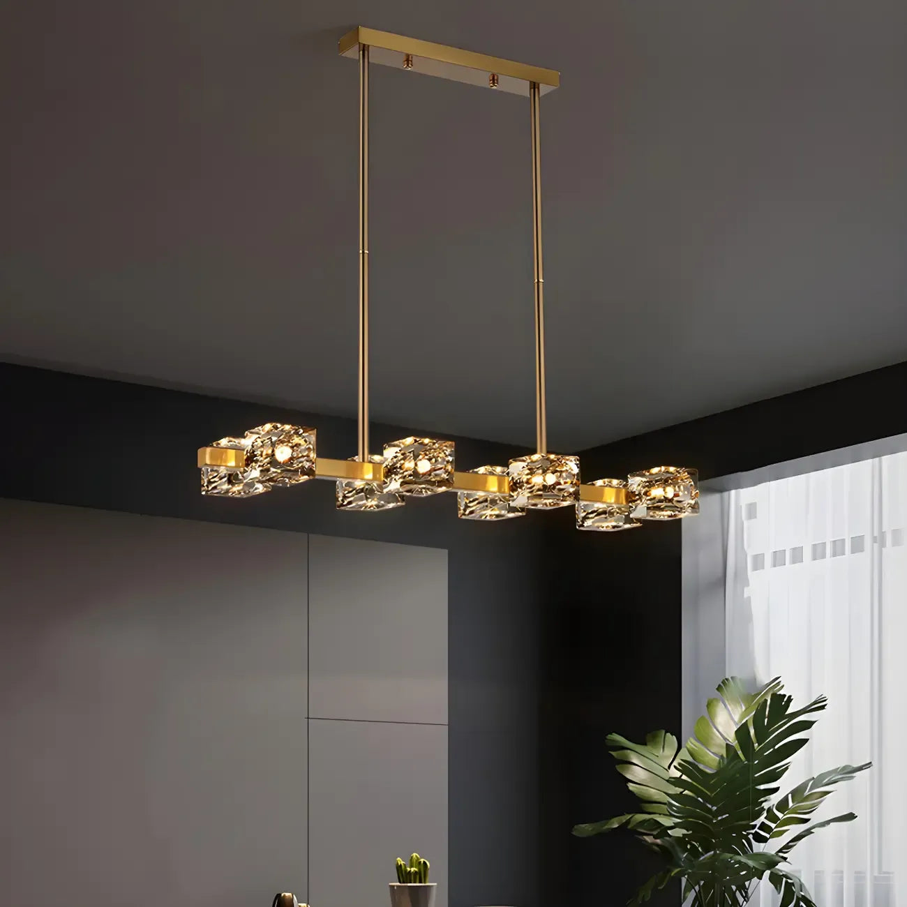 Lampadario da isola rettangolare in cristallo regolabile oro/nero