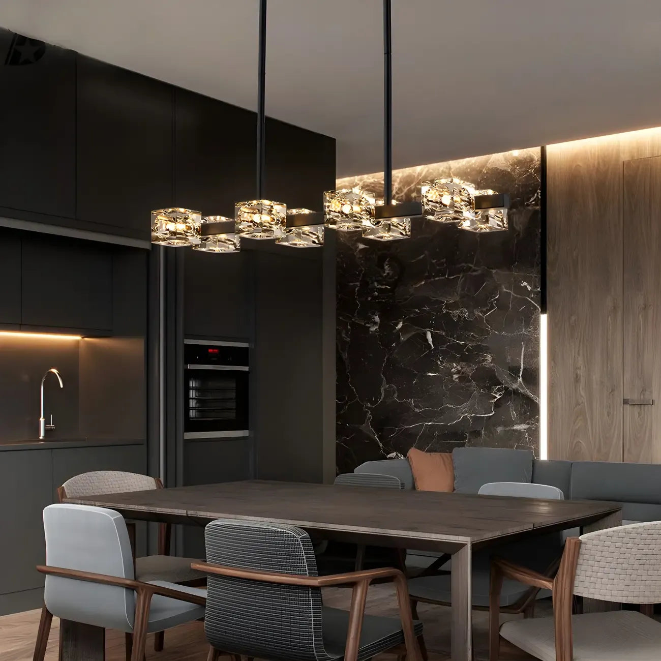 Lampadario da isola rettangolare in cristallo regolabile oro/nero