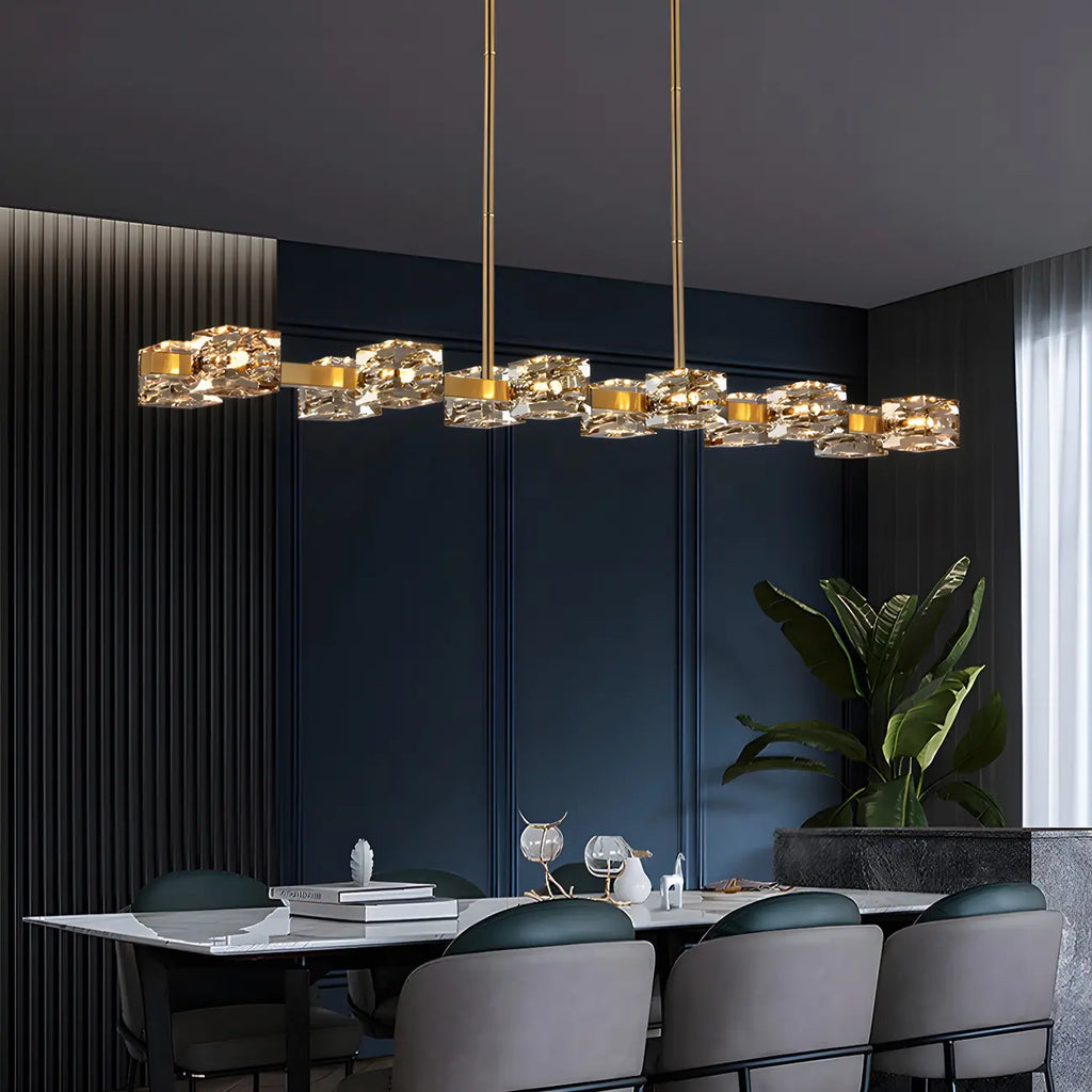 Lampadario da isola rettangolare in cristallo regolabile oro/nero