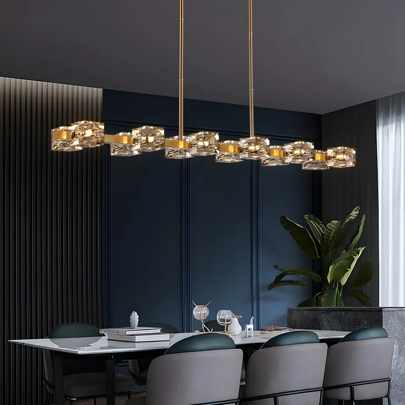 Lampadario da isola rettangolare in cristallo regolabile oro/nero