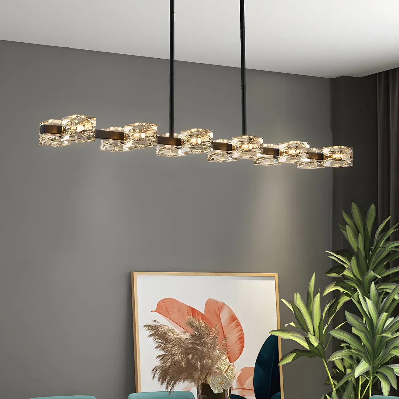 Lampadario da isola rettangolare in cristallo regolabile oro/nero