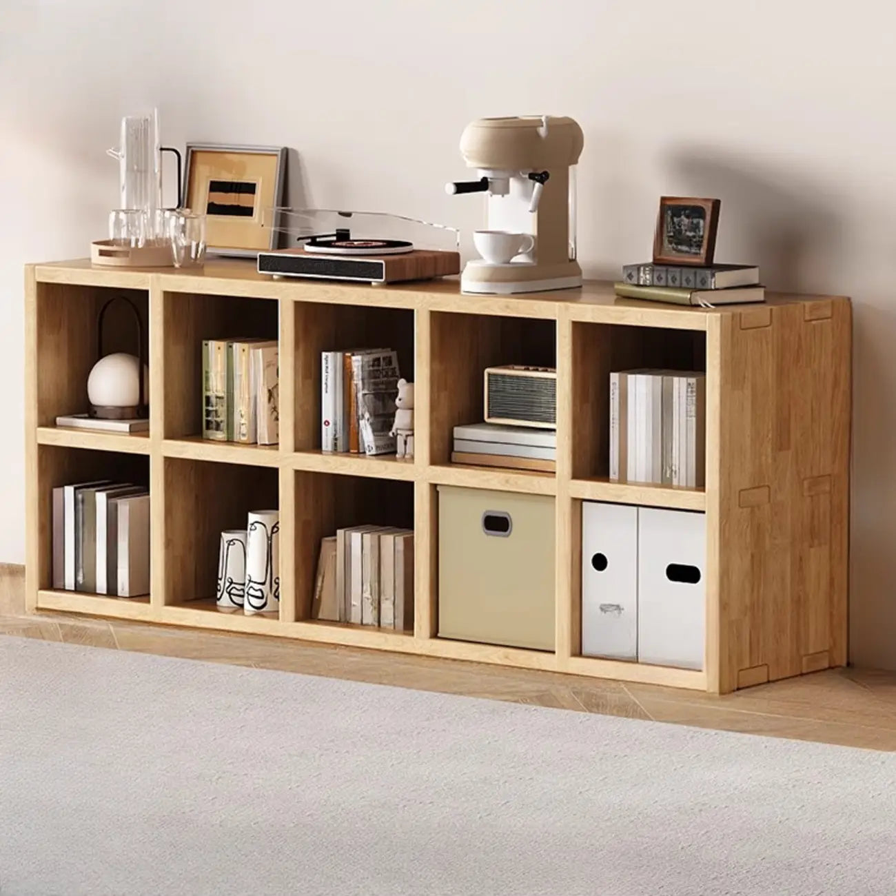 Bibliothèque horizontale moderne en bois à 8 cubes, finition naturelle