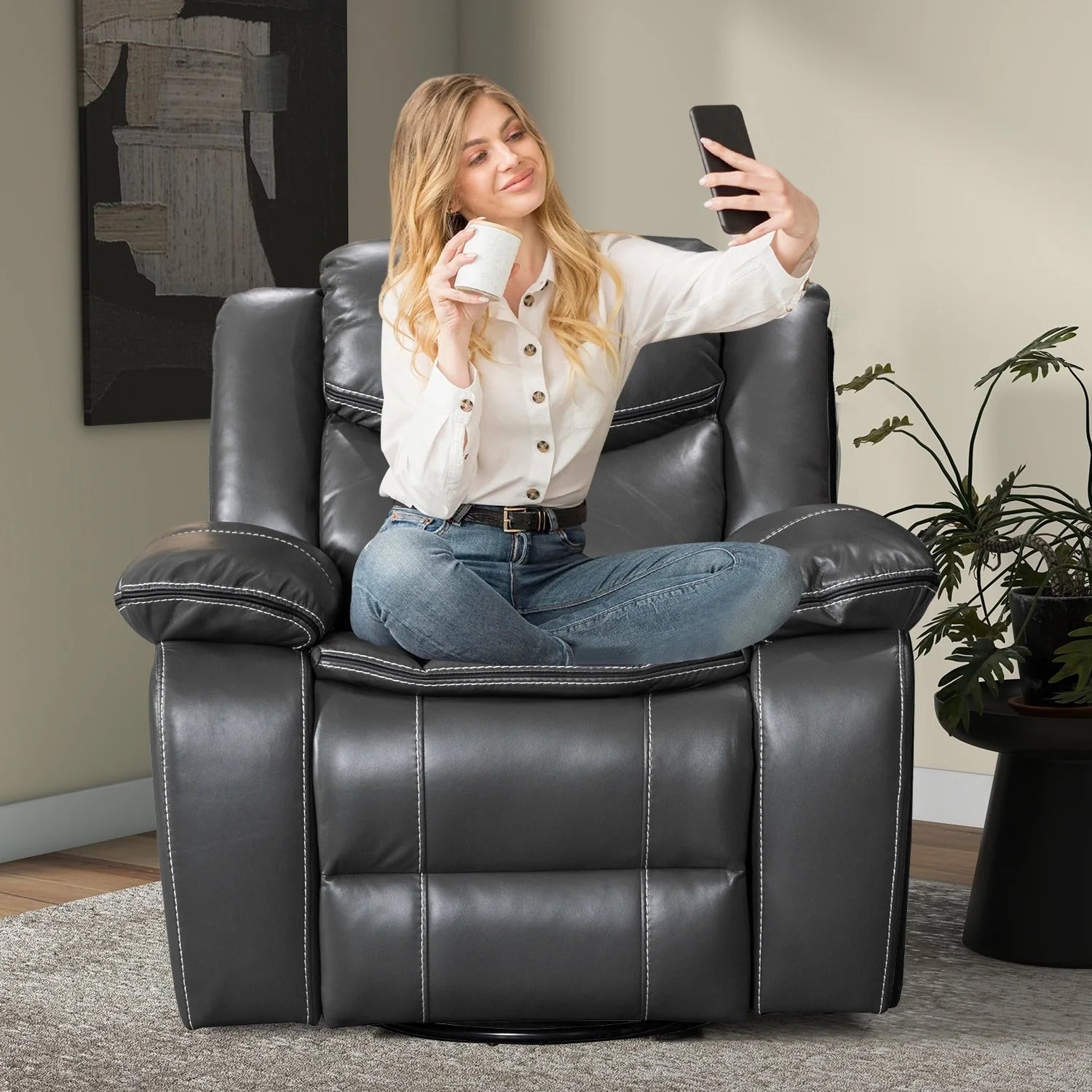 Fauteuil inclinable à large assise en cuir durable avec massage et chauffage