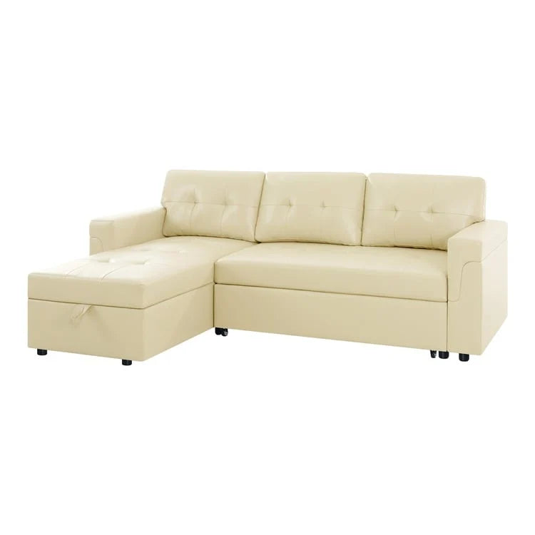 Canapé d'angle convertible et réversible avec lit gigogne, méridienne de rangement dissimulée et pieds robustes.