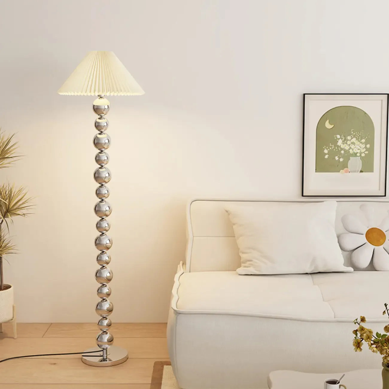 Lampadaire décoratif moderne à boules empilées avec abat-jour en tissu
