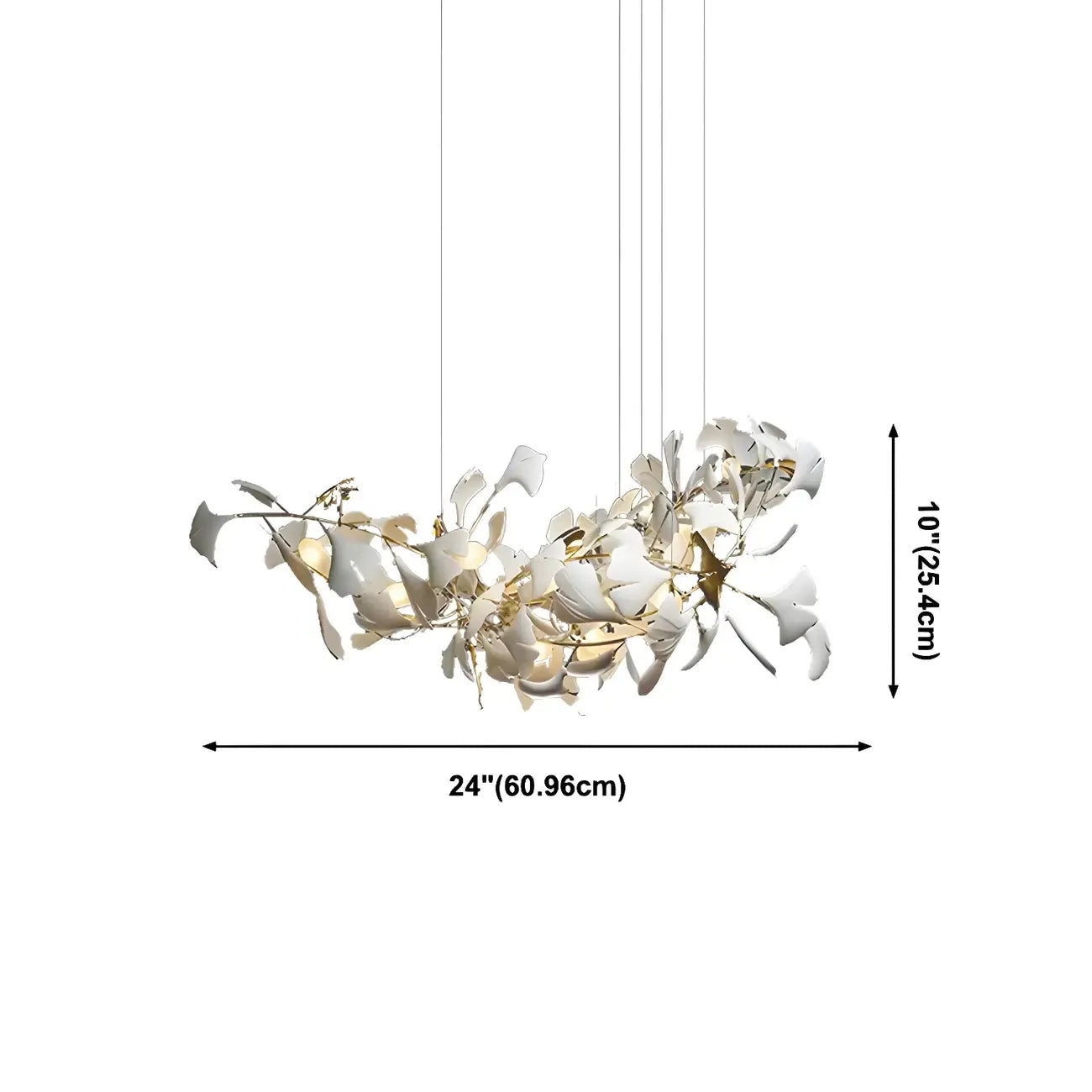 Salle à manger avec lustre moderne blanc inspiré des feuilles