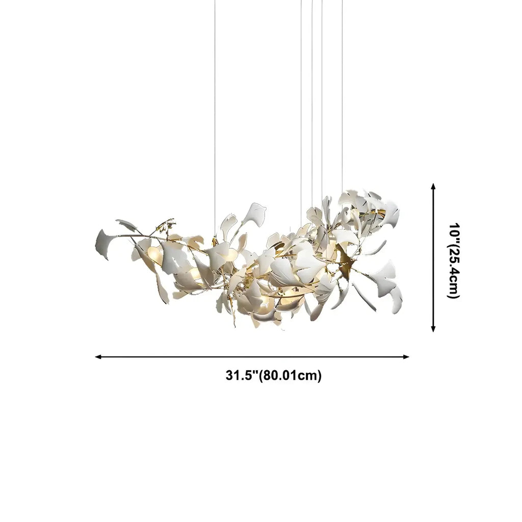 Salle à manger avec lustre moderne blanc inspiré des feuilles