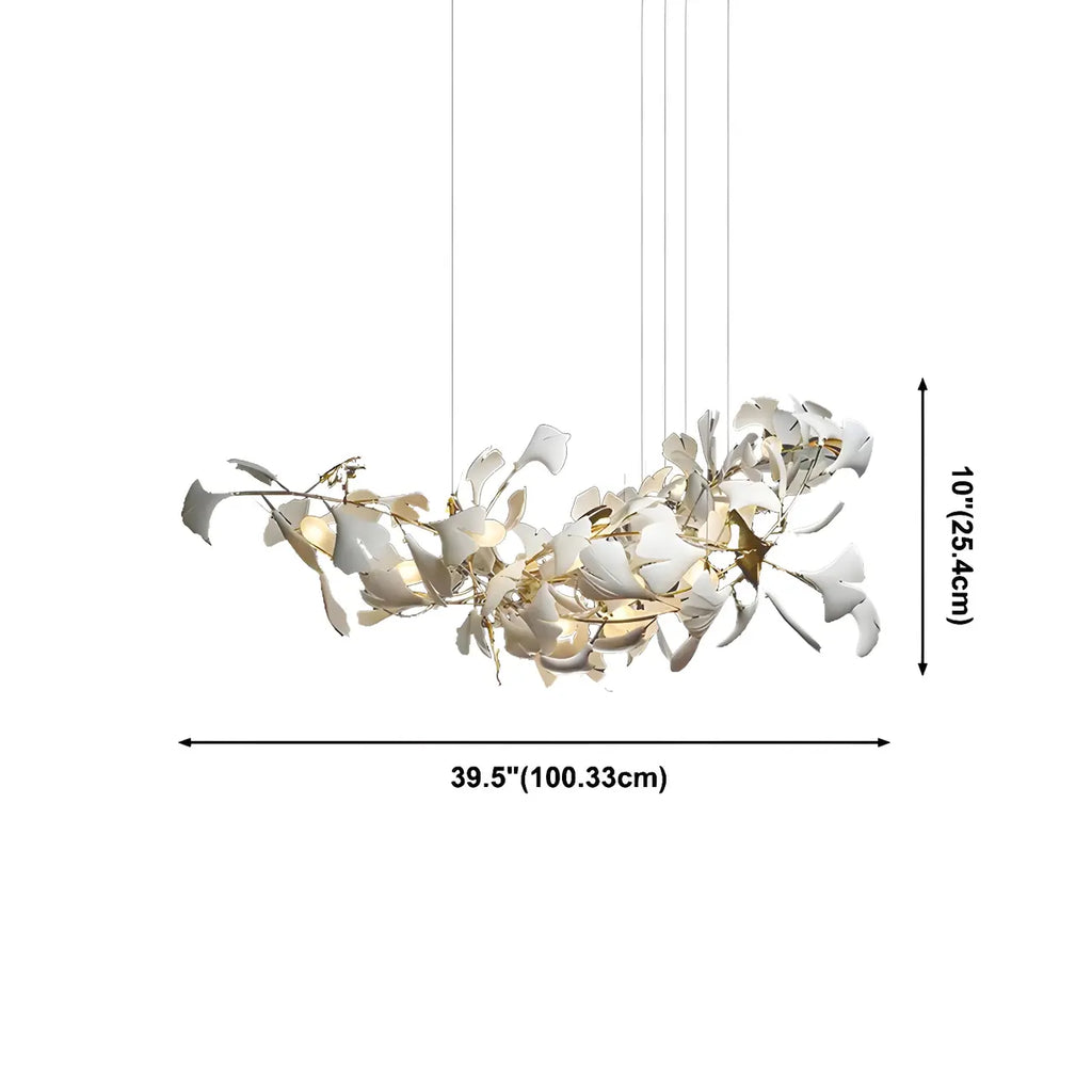 Salle à manger avec lustre moderne blanc inspiré des feuilles