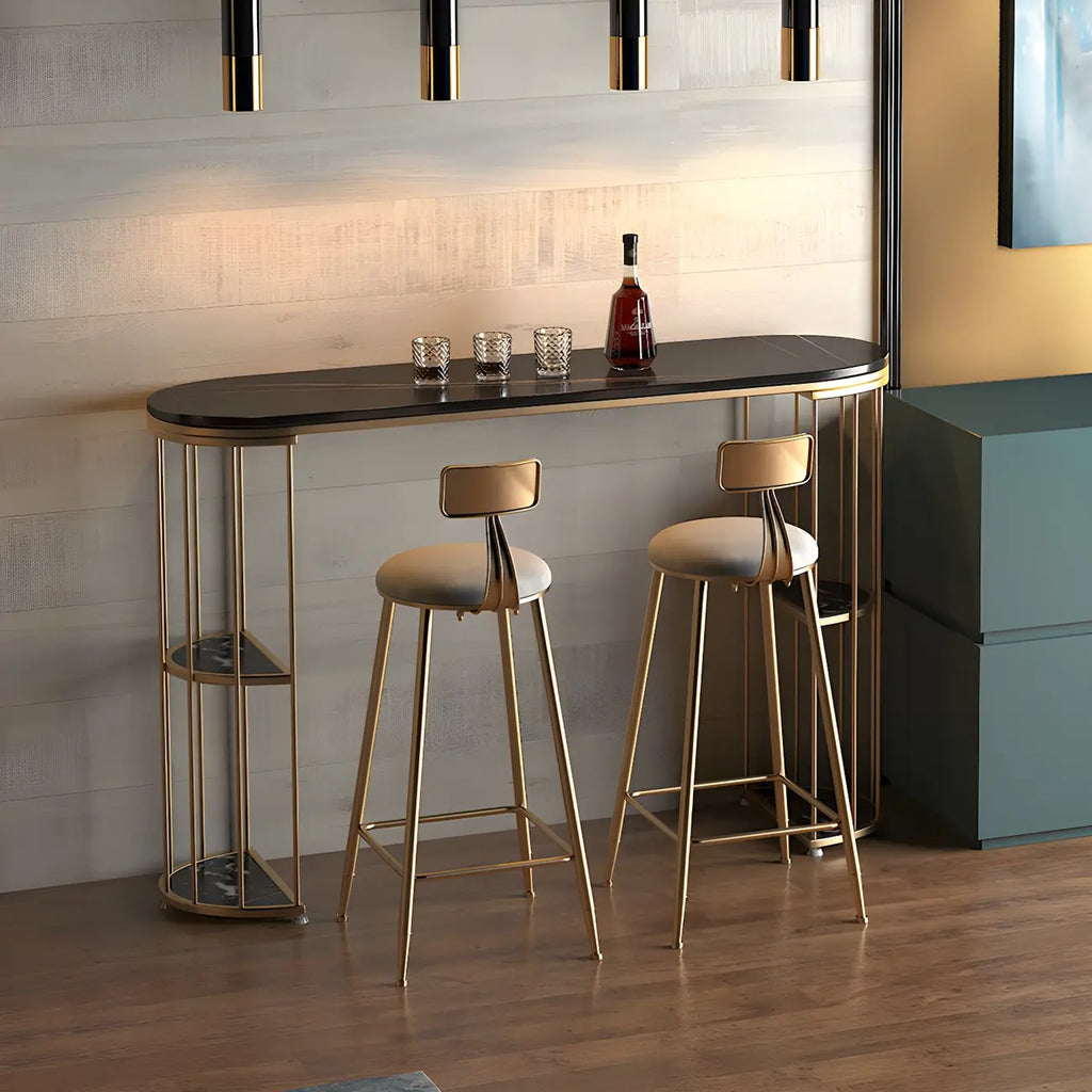 Tables de bar oblongues modernes en métal noir et or avec rangement