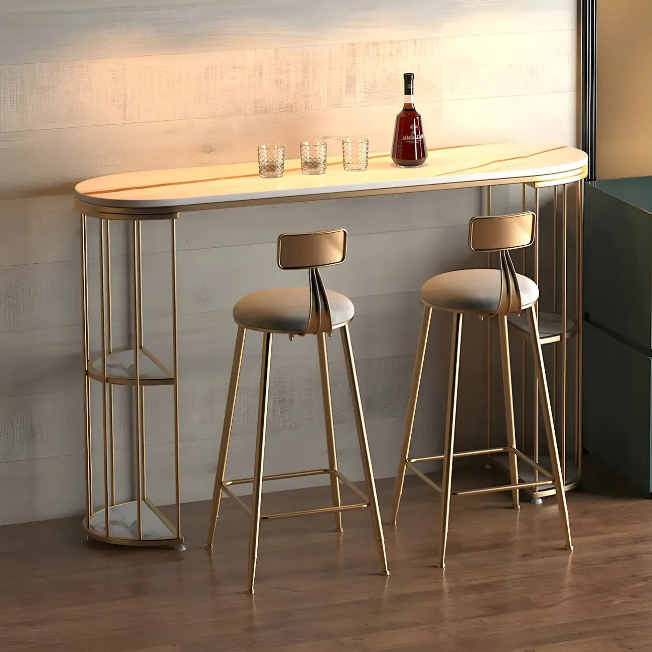 Tables de bar oblongues modernes en métal noir et or avec rangement