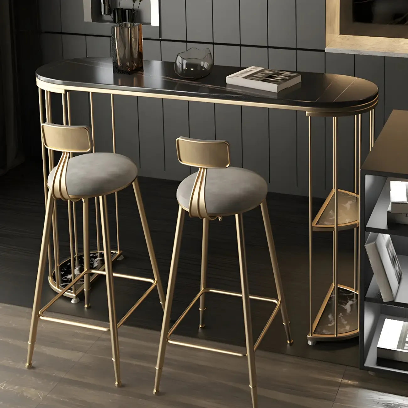 Tables de bar oblongues modernes en métal noir et or avec rangement