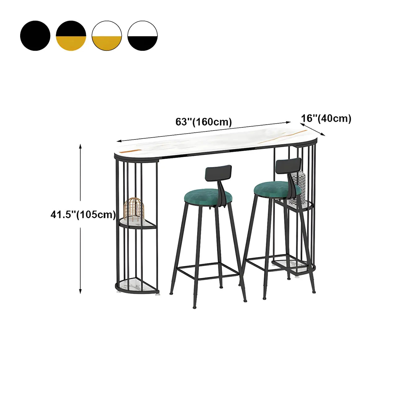 Tables de bar oblongues modernes en métal noir et or avec rangement
