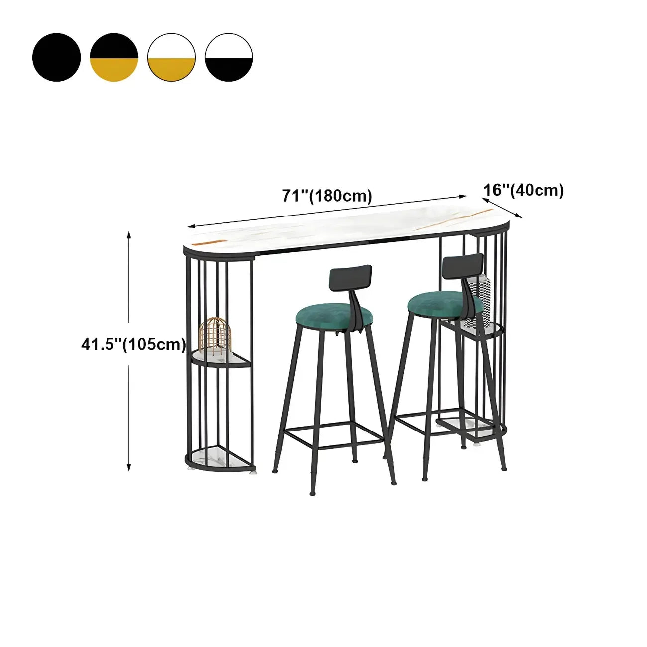 Tables de bar oblongues modernes en métal noir et or avec rangement
