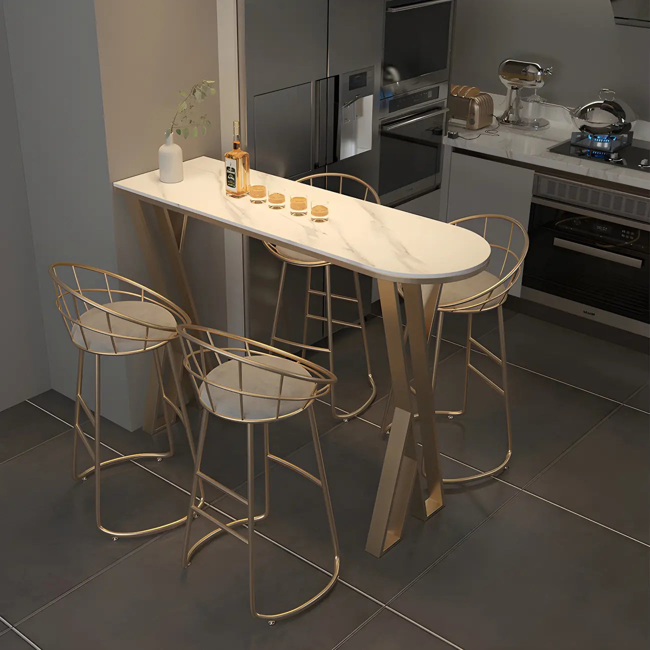 Tables de bar glamour en pierre blanche, fer et métal doré, forme libre, pour la cuisine