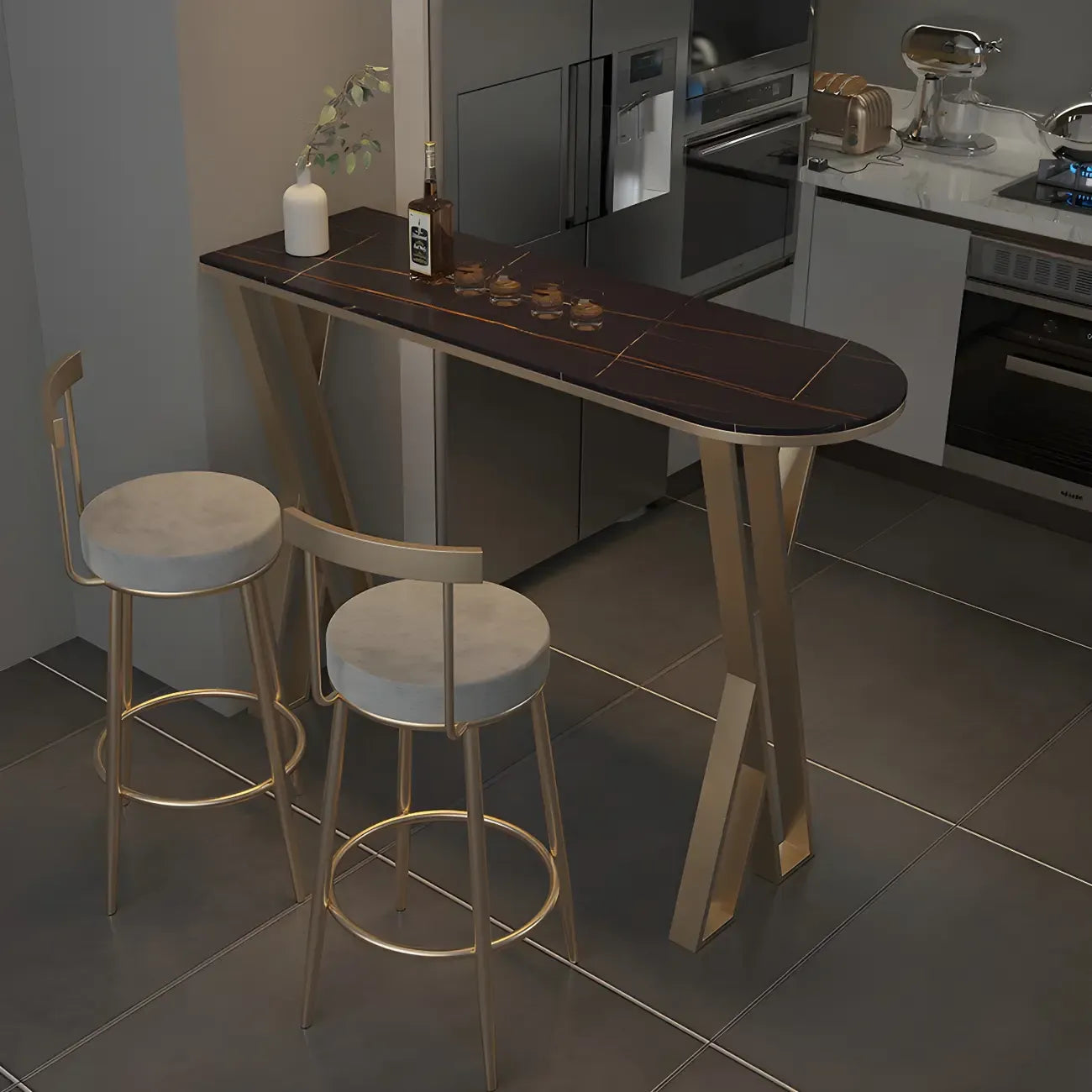Tables de bar glamour en pierre blanche, fer et métal doré, forme libre, pour la cuisine
