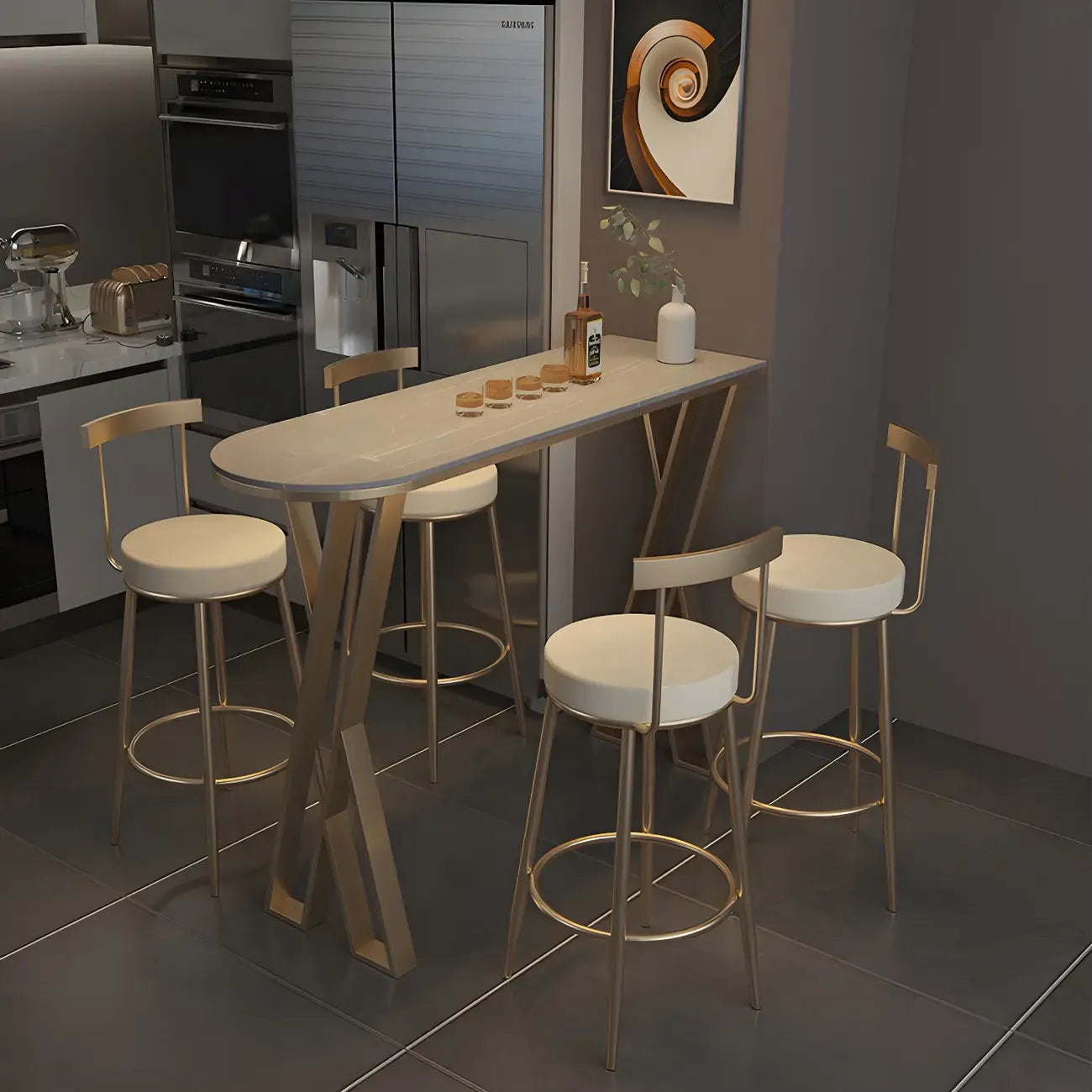 Tables de bar glamour en pierre blanche, fer et métal doré, forme libre, pour la cuisine