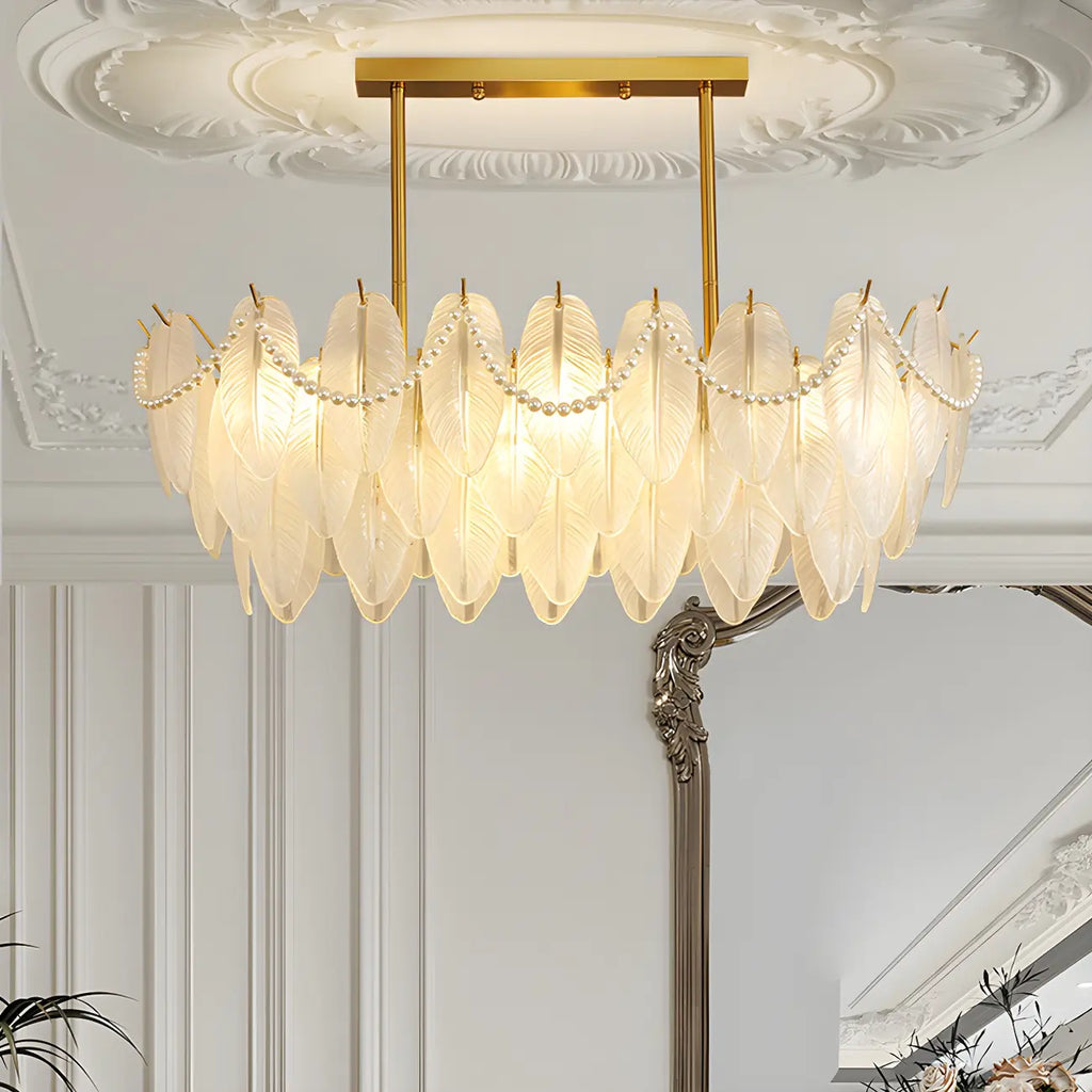 Lampadario a sospensione moderno in vetro con piume regolabile color oro