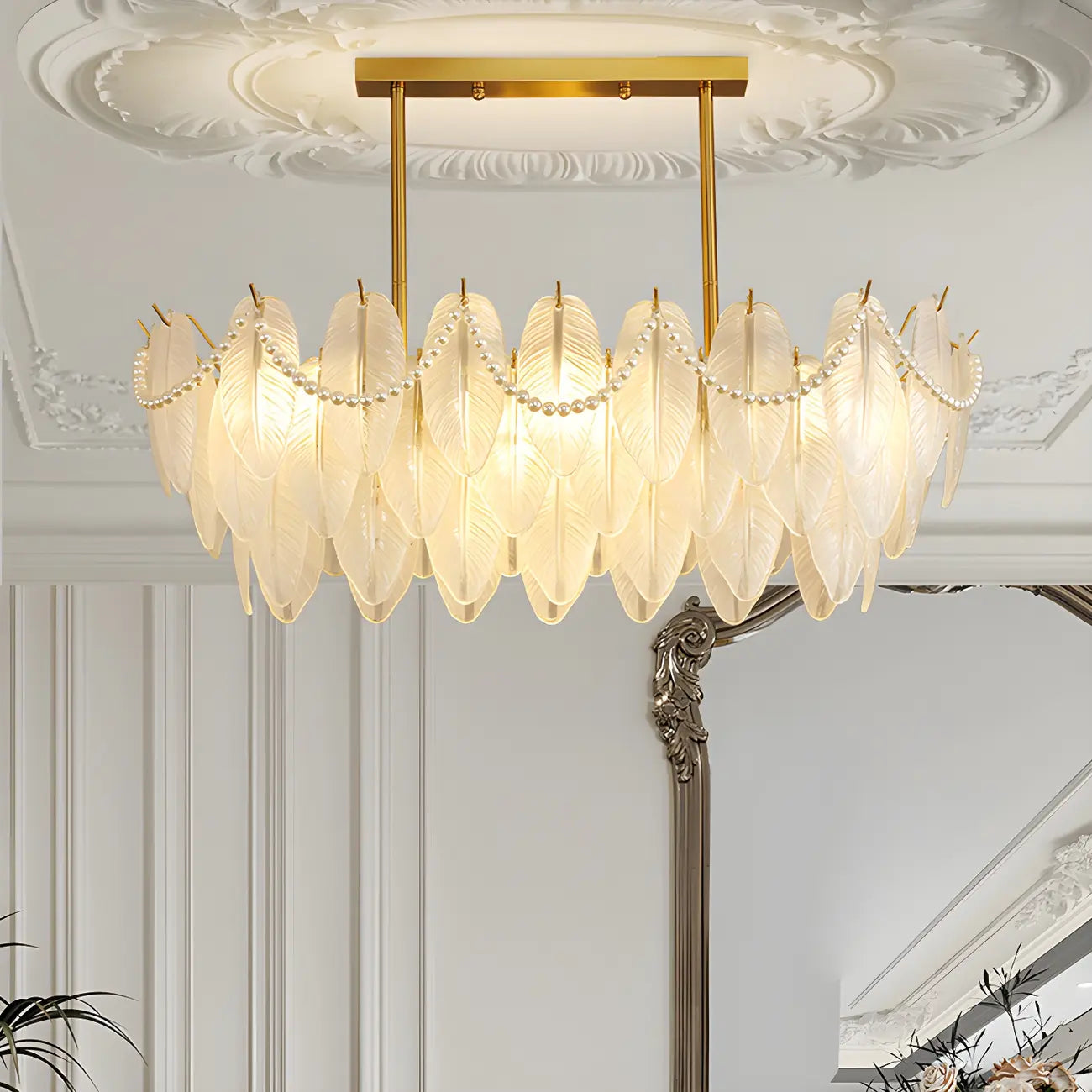 Lampadario a sospensione moderno in vetro con piume regolabile color oro