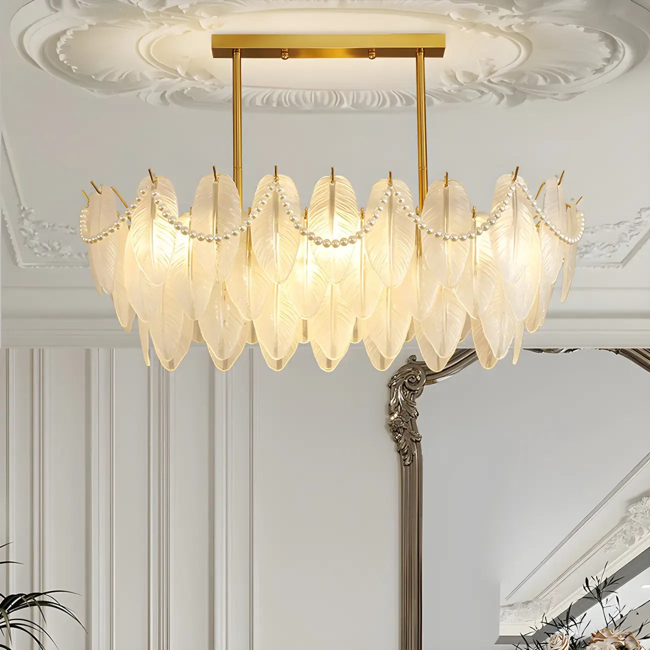Lampadario a sospensione moderno in vetro con piume regolabile color oro