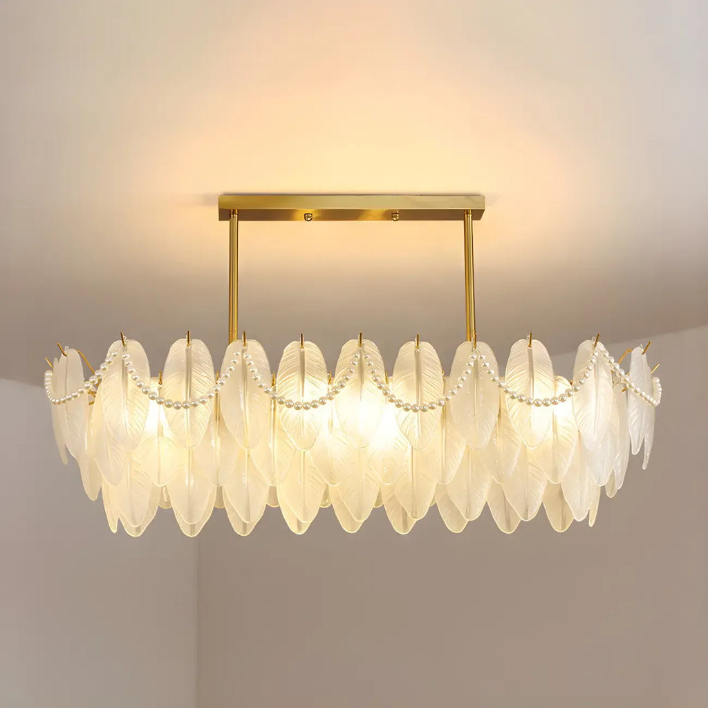 Lampadario a sospensione moderno in vetro con piume regolabile color oro