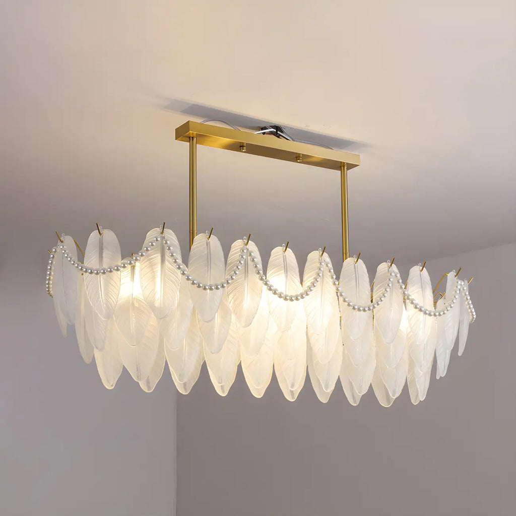 Lampadario a sospensione moderno in vetro con piume regolabile color oro