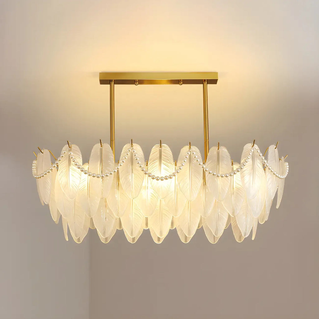 Lampadario a sospensione moderno in vetro con piume regolabile color oro