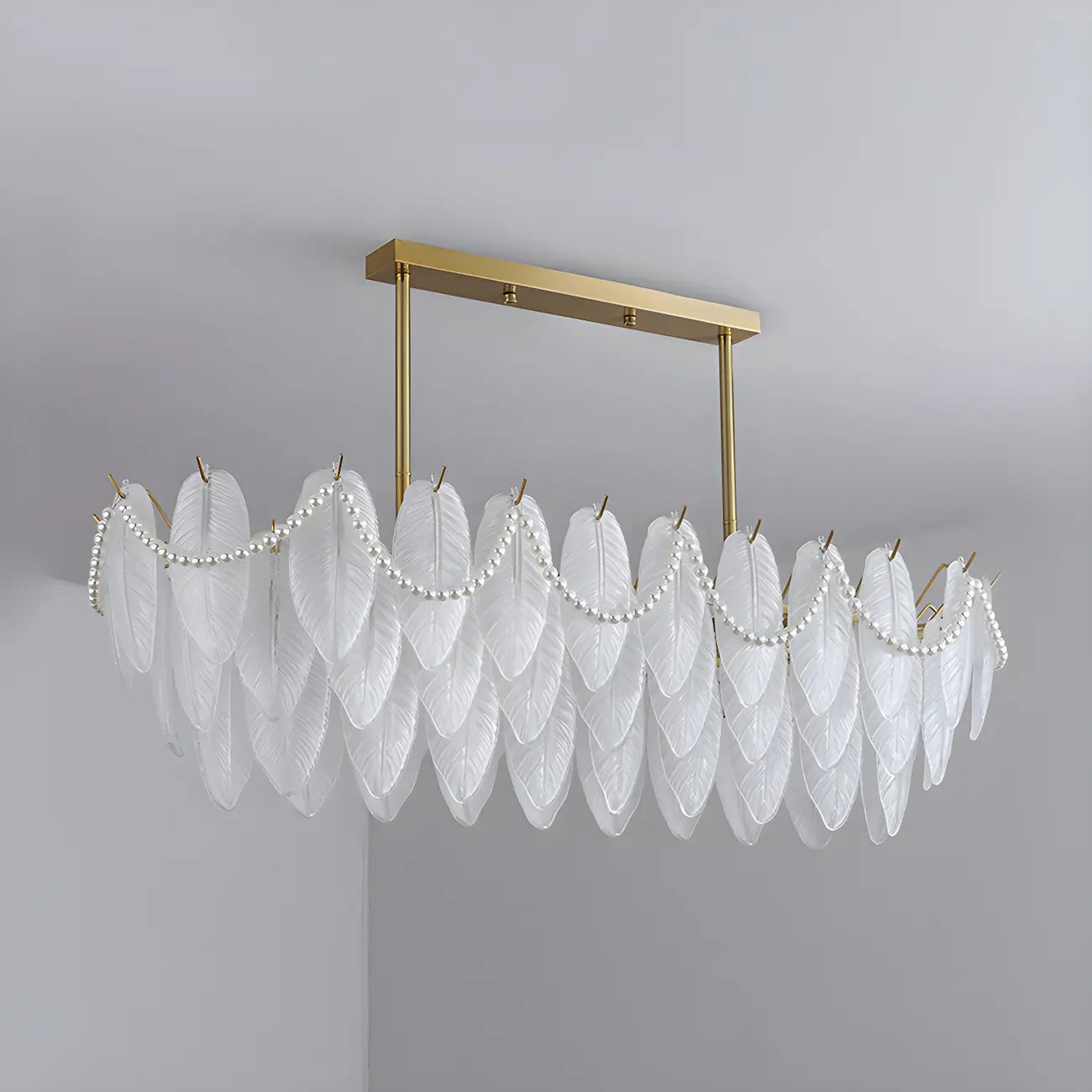 Lampadario a sospensione moderno in vetro con piume regolabile color oro