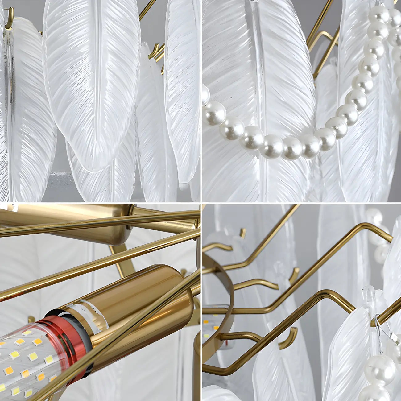 Lampadario a sospensione moderno in vetro con piume regolabile color oro