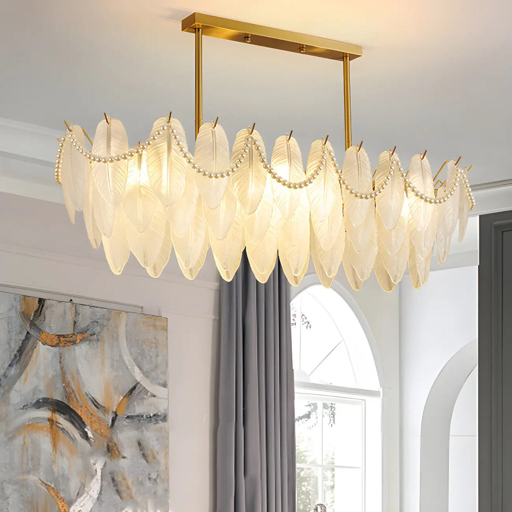 Lampadario a sospensione moderno in vetro con piume regolabile color oro