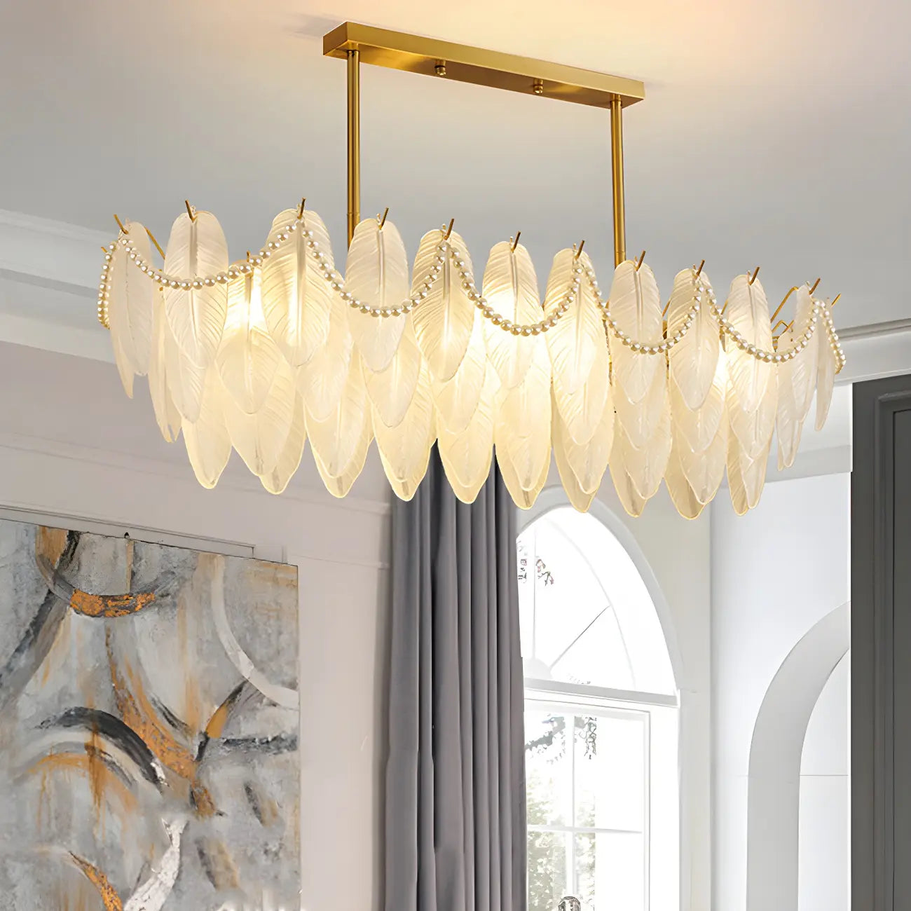 Lampadario a sospensione moderno in vetro con piume regolabile color oro