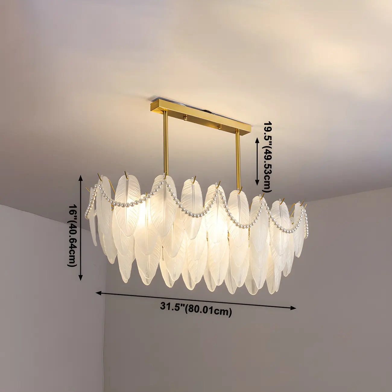 Lampadario a sospensione moderno in vetro con piume regolabile color oro