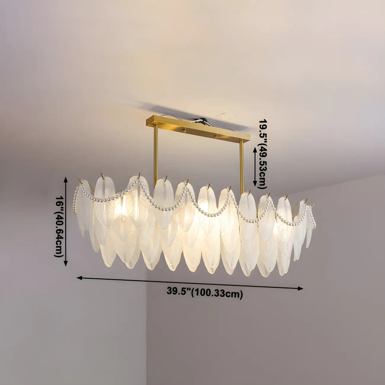 Lampadario a sospensione moderno in vetro con piume regolabile color oro