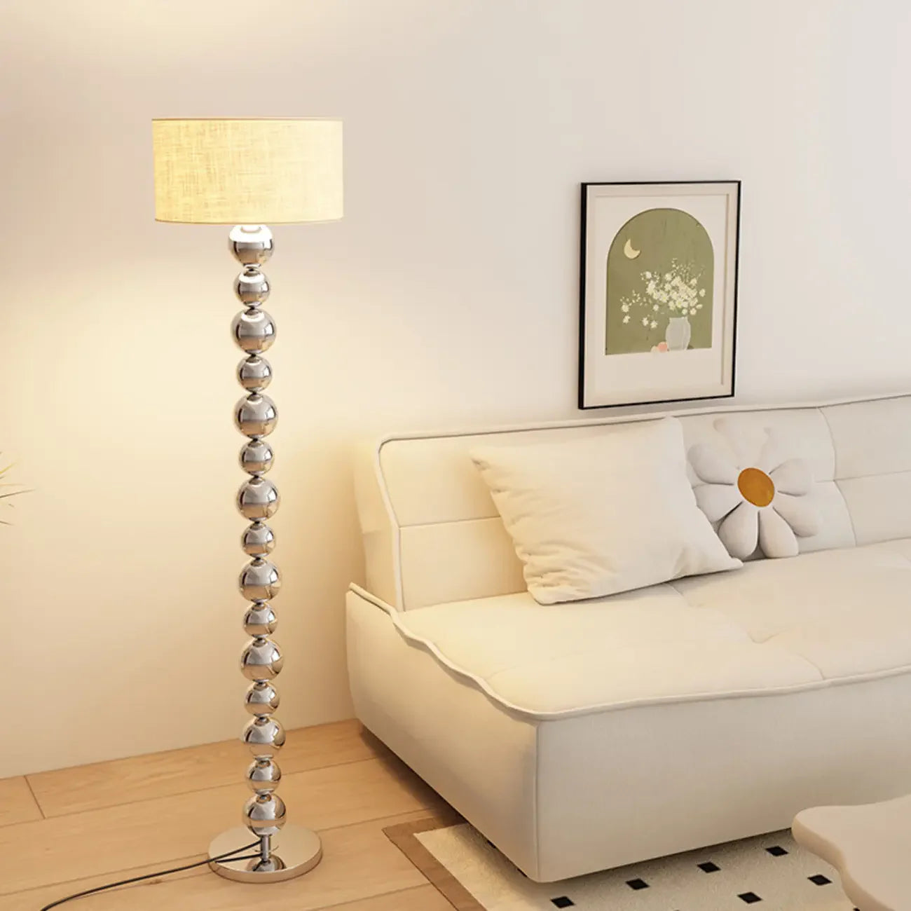 Lampadaire décoratif moderne à boules empilées avec abat-jour en tissu