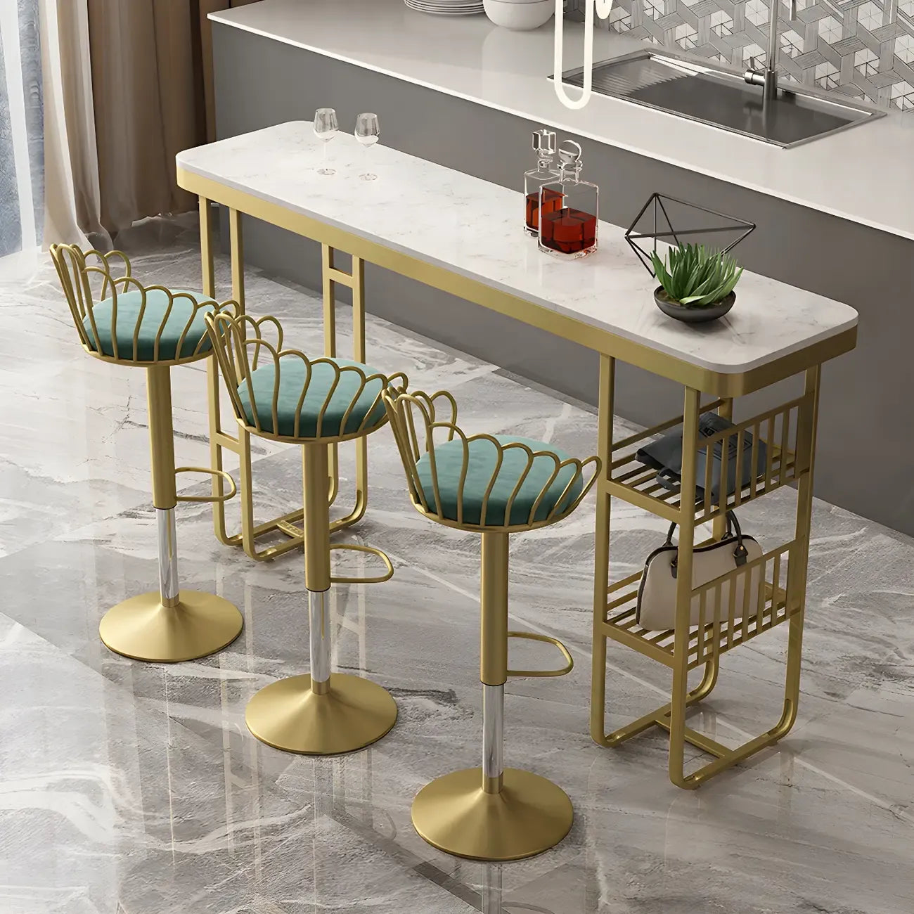 Tables de bar glamour dorées et blanches avec étagères en faux marbre