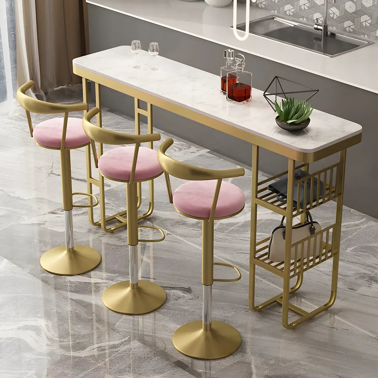 Tables de bar glamour dorées et blanches avec étagères en faux marbre