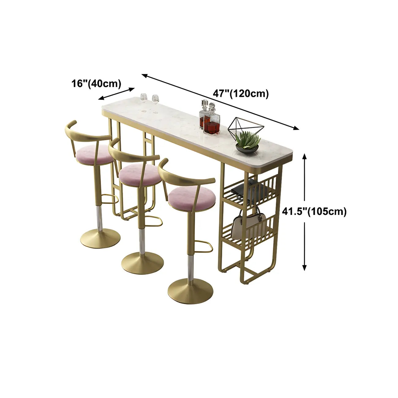 Tables de bar glamour dorées et blanches avec étagères en faux marbre