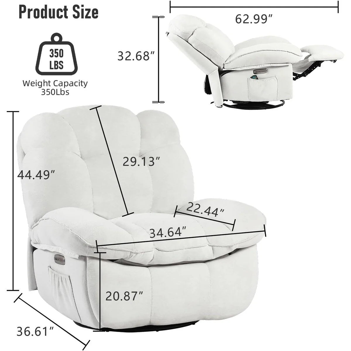 Fauteuil inclinable pivotant XINMICS, Fauteuils inclinables à bascule de massage avec fonction chauffante, ports USB, USB-C et pochette latérale