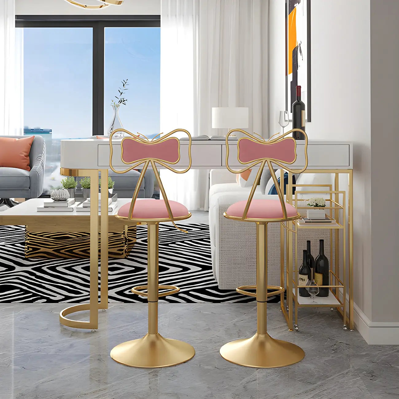Tables de bar de rangement Glam White Free Form en fer doré